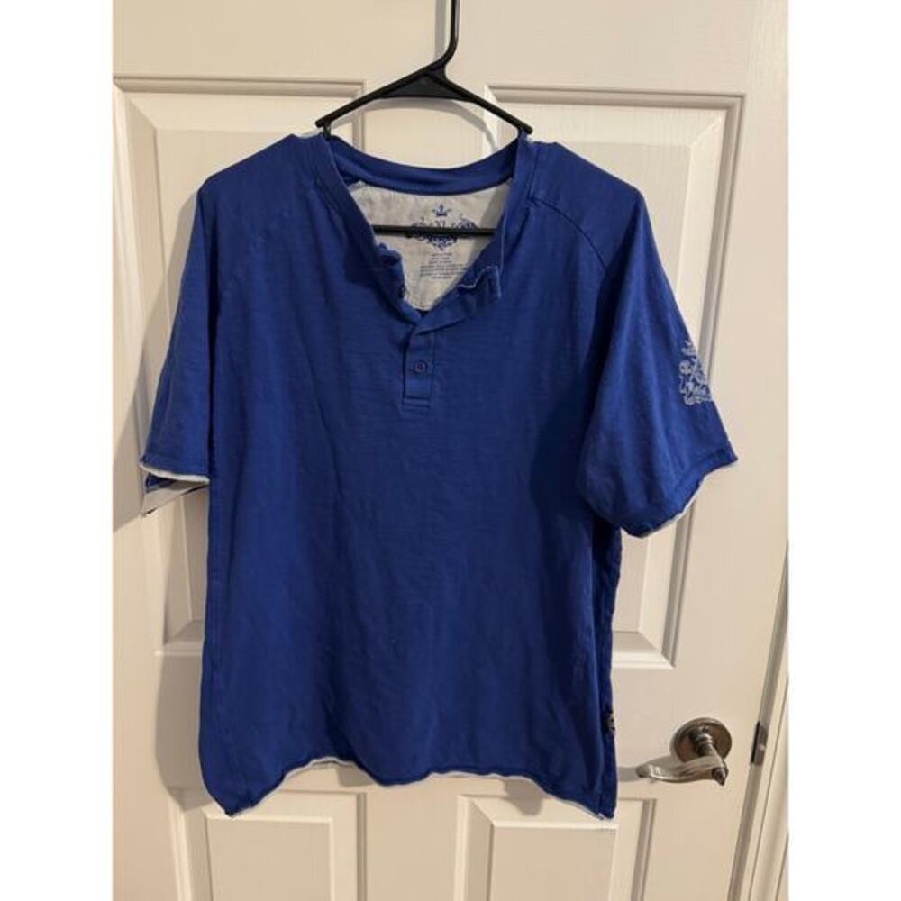 English Laundry Mens Vintage Lions Crest Short Sleeve Partial Button Blue XL